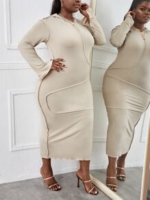 Maweii Plus Stitch Trim Hooded Bodycon Dress - Apricot - View 1
