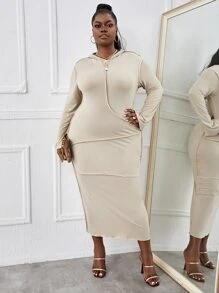 Maweii Plus Stitch Trim Hooded Bodycon Dress - Apricot - View 3