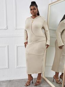 Maweii Plus Stitch Trim Hooded Bodycon Dress - Apricot - View 4