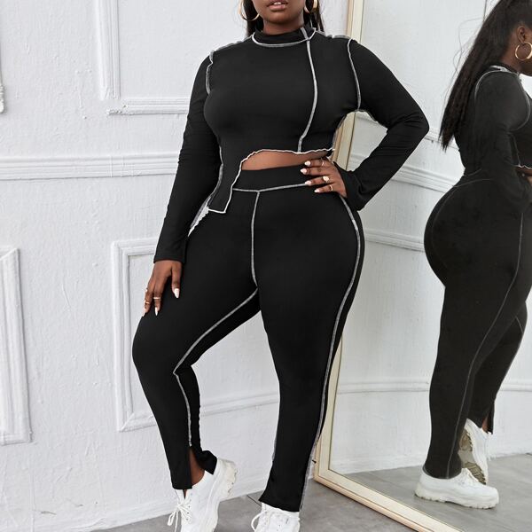 

Plus Topstitching Asymmetric Hem Tee & Leggings, Black