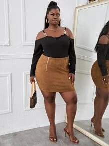 INAWLY Plus Zip Detail Skirt - Camel - View 5