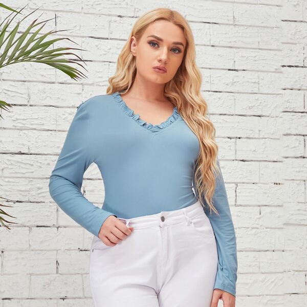 

Plus Solid Frill Trim Bodysuit, Blue