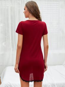 Slogan Graphic Contrast Lace Night Dress - Burgundy - View 2