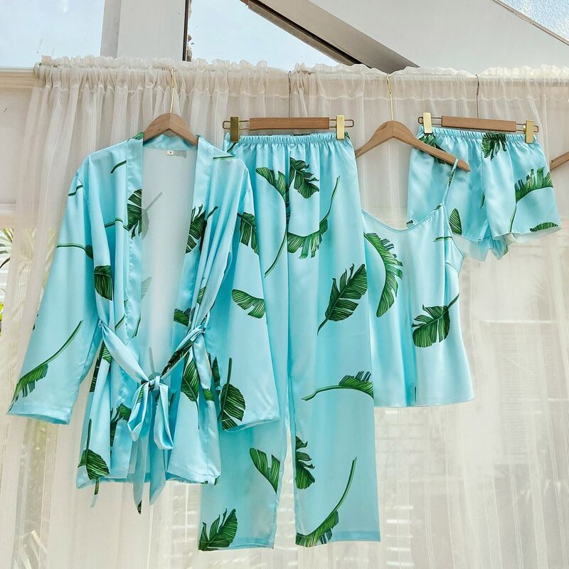 

4pcs Tropical Print Belted Satin Night Set, Mint blue