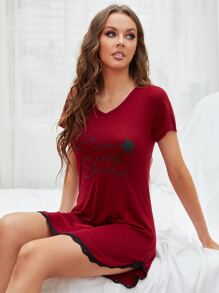 Slogan Graphic Contrast Lace Night Dress - Burgundy - View 6