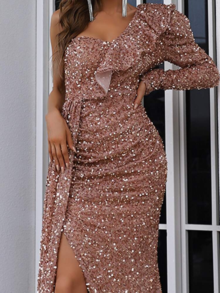 Missord 單肩開衩亮片舞會洋裝 - 藕粉色 - 查看 3