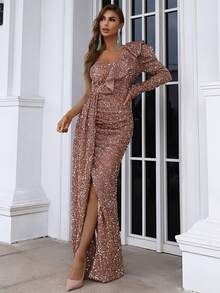 Missord One Shoulder Split Thigh Sequin Prom Dress - Dusty Pink - View 5