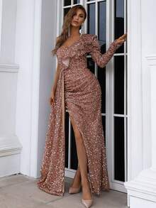 Missord One Shoulder Split Thigh Sequin Prom Dress - Dusty Pink - View 6