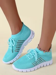 女士藍色針織細節一腳蹬跑鞋帶條紋圖案適用於路跑步 - 藍色 - 查看 2
