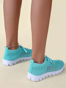 女士藍色針織細節一腳蹬跑鞋帶條紋圖案適用於路跑步 - 藍色 - 查看 3