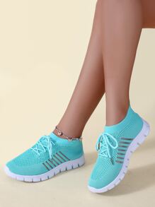 女士藍色針織細節一腳蹬跑鞋帶條紋圖案適用於路跑步 - 藍色 - 查看 4