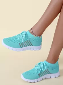 女士藍色針織細節一腳蹬跑鞋帶條紋圖案適用於路跑步 - 藍色 - 查看 5