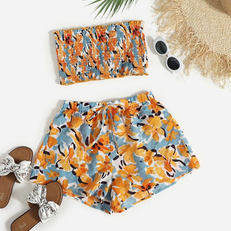 

Floral Print Shirred Tube Top & Drawstring Waist Shorts, Multicolor