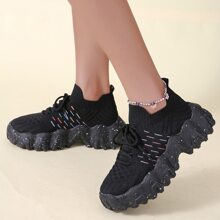 Striped Pattern Knit Detail Slip On Running Shoes