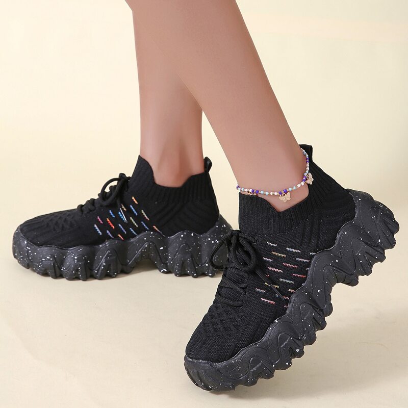 

Striped Pattern Knit Detail Slip On Running Shoes, Black