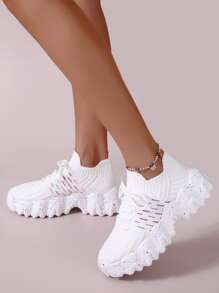 Striped Pattern Knit Detail Slip On Running Shoes, Women's White Athletic Shoes With Striped Shoelaces