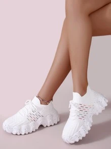 Striped Pattern Knit Detail Slip On Running Shoes, Women's White Athletic Shoes With Striped Shoelaces