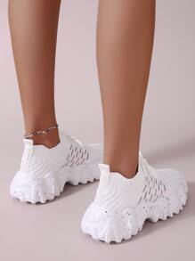 Striped Pattern Knit Detail Slip On Running Shoes, Women's White Athletic Shoes With Striped Shoelaces