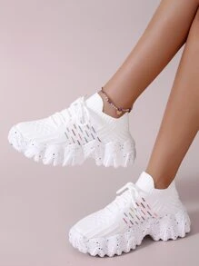 Striped Pattern Knit Detail Slip On Running Shoes, Women's White Athletic Shoes With Striped Shoelaces