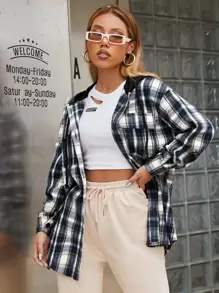 SHEIN Tartan Drop Shoulder Drawstring Hooded Coat - Navy Blue - View 1