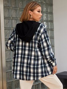 SHEIN Tartan Drop Shoulder Drawstring Hooded Coat - Navy Blue - View 2