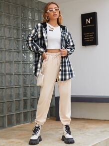 SHEIN Tartan Drop Shoulder Drawstring Hooded Coat - Navy Blue - View 3