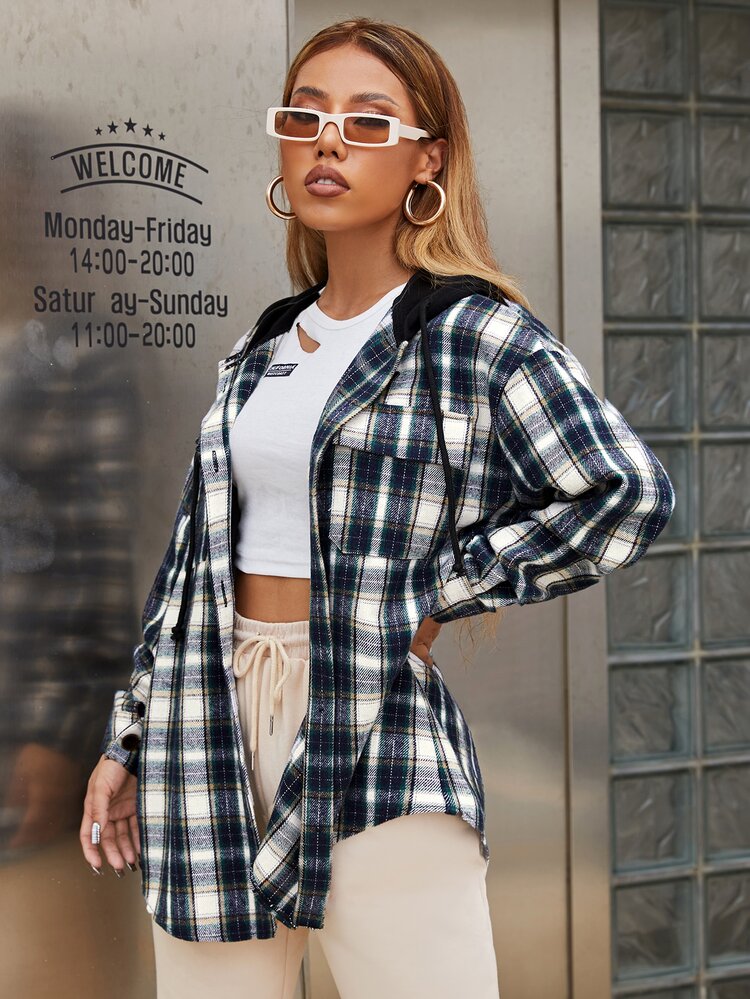 SHEIN 蘇格蘭格紋落肩袖抽繩連帽外套 - 藏蓝色 - 查看 4