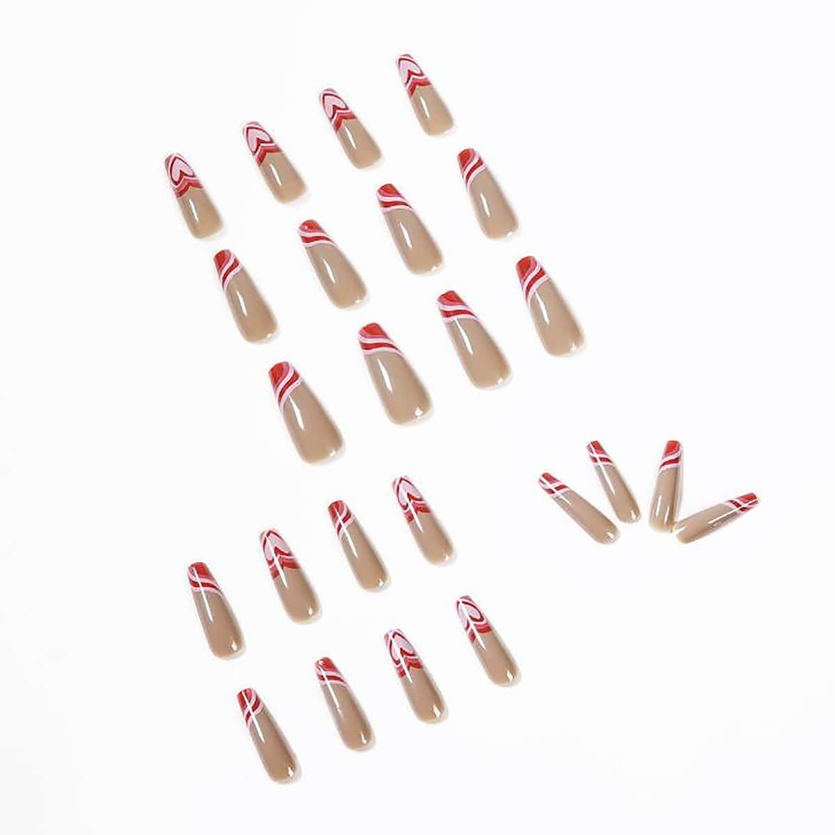 

24pcs Heart Pattern Fake Nail, Coffee brown