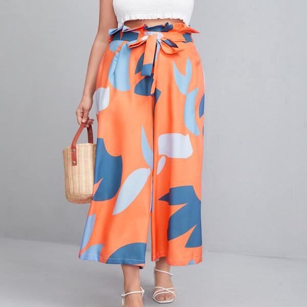 

Plus Graphic Print Paperbag Waist Belted Wide Leg Pants, Multicolor
