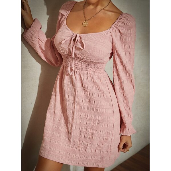 

Sweetheart Neck Lantern Sleeve Shirred Waist Dress, Dusty pink