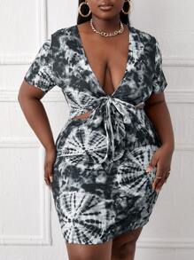 Đầm Plus Size Cắt ra Thắt nơ trước Cà vạt nhuộm Lãng mạn - Đen và trắng - Xem 1
