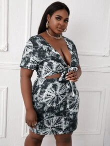 Đầm Plus Size Cắt ra Thắt nơ trước Cà vạt nhuộm Lãng mạn - Đen và trắng - Xem 3