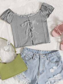 SHEIN Qutie Knit ngọn Tương phản ren viền lá sen Thắt nút Ren lên Khối Màu Giải trí - Màu Xám nhạt - Xem 1