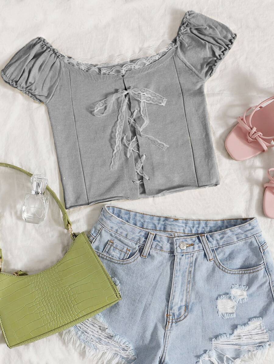 SHEIN Qutie Knit ngọn Tương phản ren viền lá sen Thắt nút Ren lên Khối Màu Giải trí - Màu Xám nhạt - Xem 1