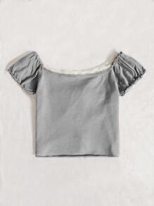 SHEIN Qutie Knit ngọn Tương phản ren viền lá sen Thắt nút Ren lên Khối Màu Giải trí - Màu Xám nhạt - Xem 2
