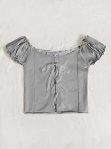 SHEIN Qutie Knit ngọn Tương phản ren viền lá sen Thắt nút Ren lên Khối Màu Giải trí - Màu Xám nhạt - Xem 3