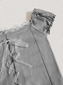 SHEIN Qutie Knit ngọn Tương phản ren viền lá sen Thắt nút Ren lên Khối Màu Giải trí - Màu Xám nhạt - Xem 5