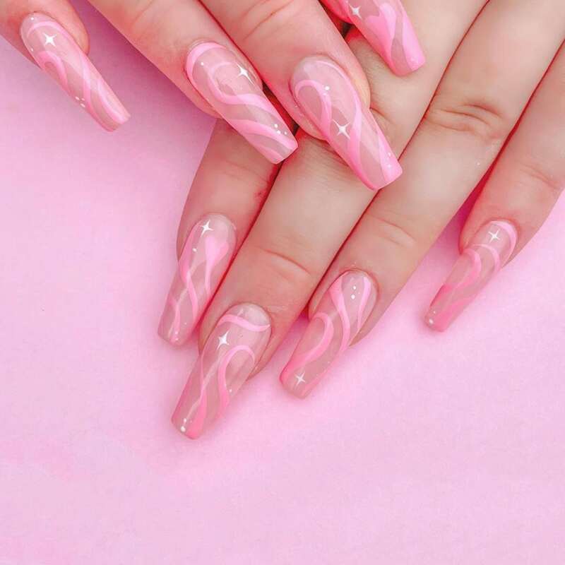 

24pcs Star Pattern Fake Nail, Pink