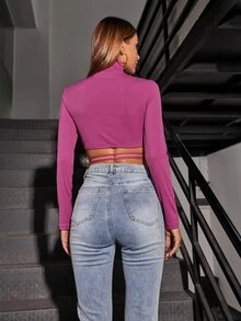 Camiseta corta de cuello cisne con abertura con cordón - Rojo violeta - Ver 2