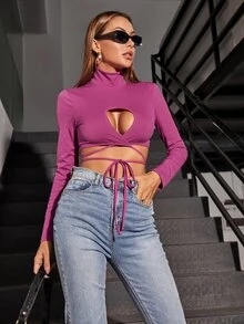 Camiseta corta de cuello cisne con abertura con cordón - Rojo violeta - Ver 3