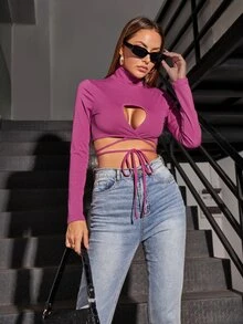 Camiseta corta de cuello cisne con abertura con cordón - Rojo violeta - Ver 5