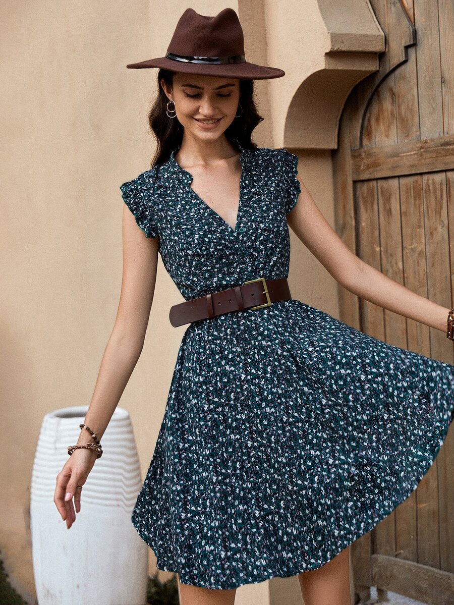 Rusttydustty 小碎花西裝領紐扣洋裝不附帶腰帶 - 彩色 - 查看 1