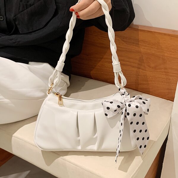 

Bow Decor Ruched Shoulder Bag, White