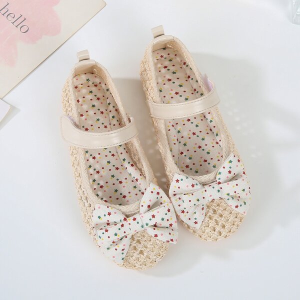 

Girls Bow Decor Star Graphic Velcro Strap Flats, Beige