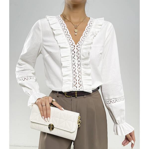 

Contrast Guipure Lace Ruffle Trim Flounce Sleeve Blouse, White
