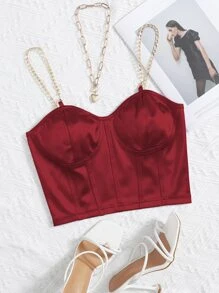 Chiquease Chain Detail Silky Bustier Cami Crop Top Halloween, Christmas - Burgundy - View 1