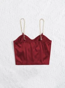 Chiquease Chain Detail Silky Bustier Cami Crop Top Halloween, Christmas - Burgundy - View 2