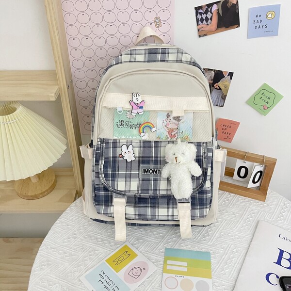

Cartoon Graphic Plaid Backpack With Bag Charm, Navy blue