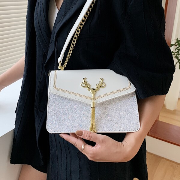 

Glitter Flap Crossbody Bag, White