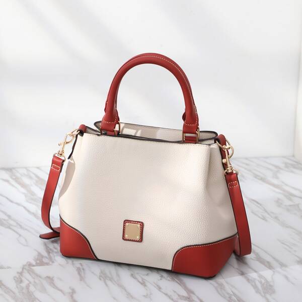 

Colorblock Pattern Stitch Trim Tote Bag, White